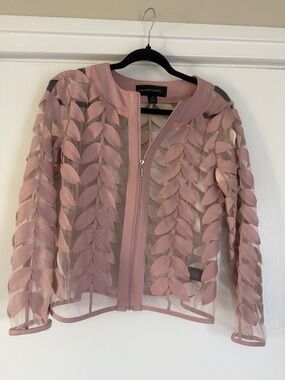 Colleen Lopez Blush Pink Leaf Appliqué Sheer Zip Jacket